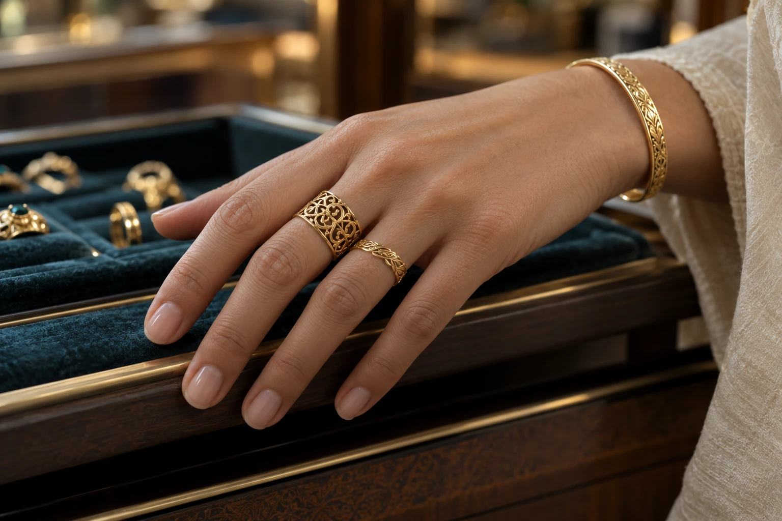Bildidee: Hand mit detailreichen orientalischen Goldringen